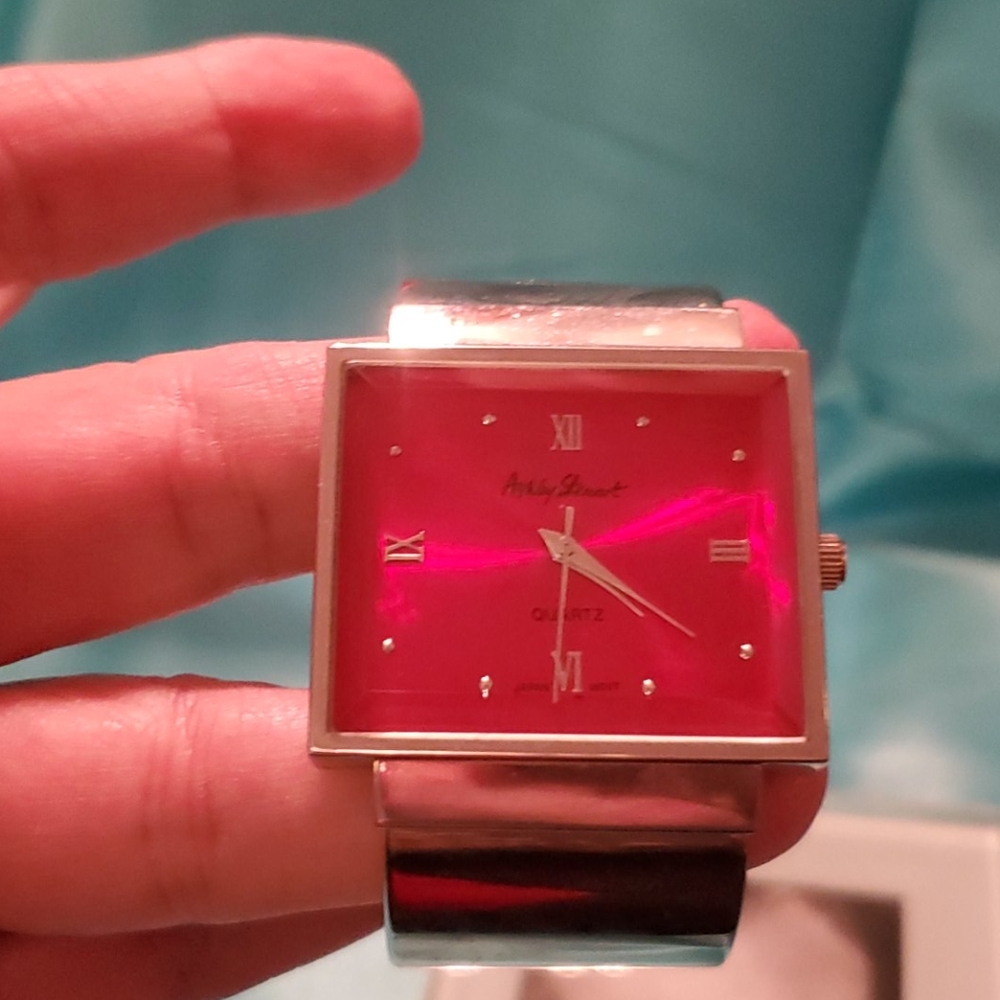 Womens Silver and Red Face Cuff Watch